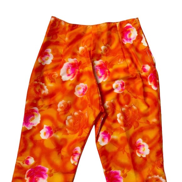 60s vintage highwaisted flare pants psychedelic pattern print orange roses. - Picture 4 of 7